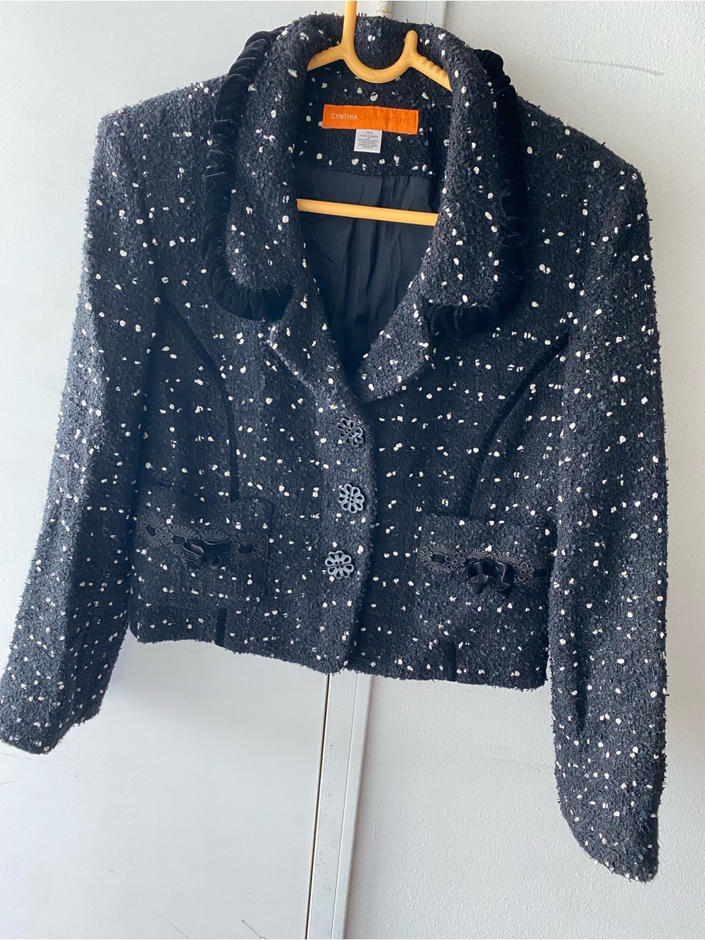 Cynthia Steffe Black Tweed Pearl-Dotted Cropped Blazer